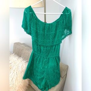 Jack BB Dakota Laredo Romper Boho Green Off Shoulder Lace Womens Size  Small